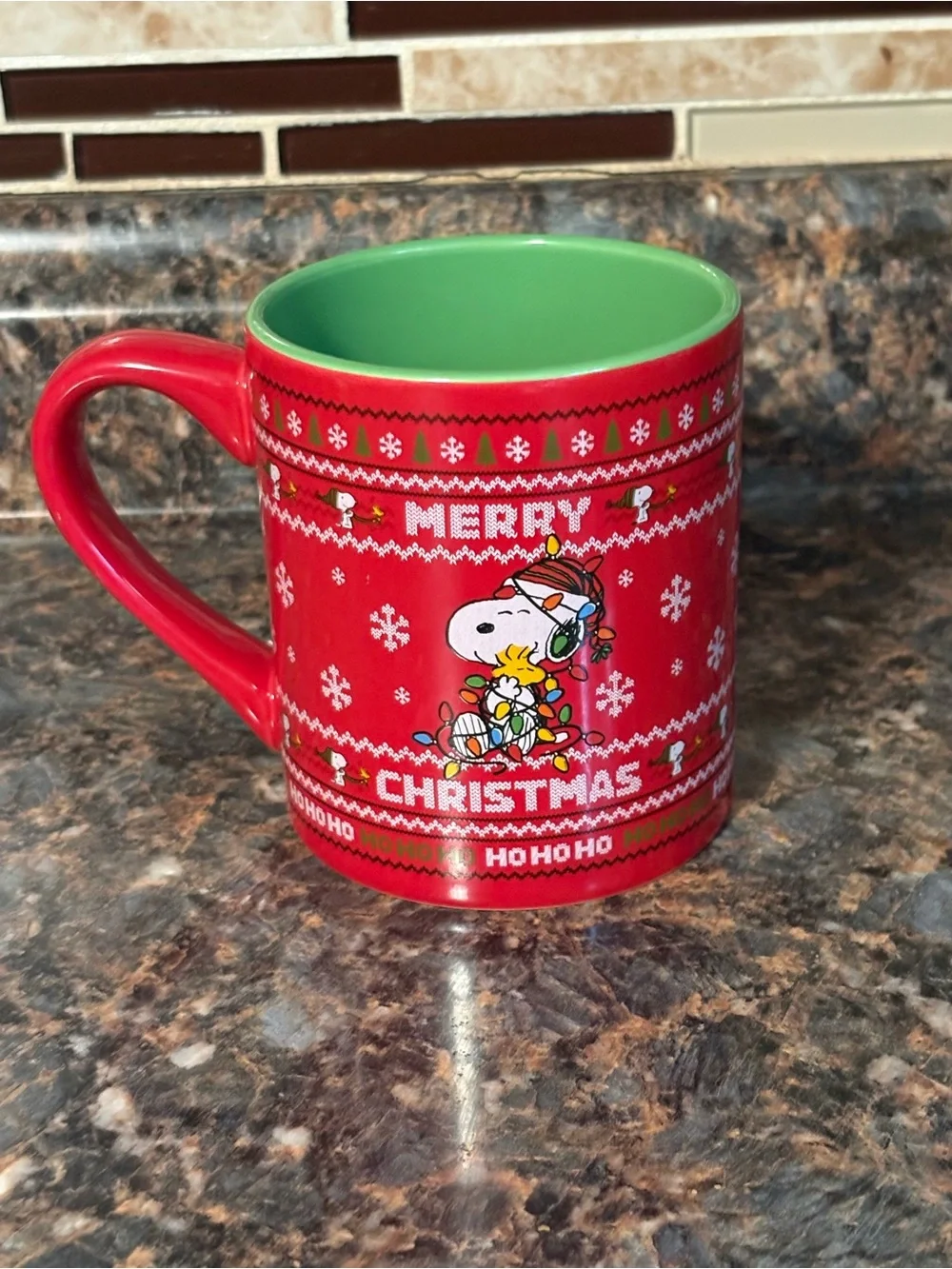 Red Snoopy 'Merry Christmas' Holiday Mug with Green Interior